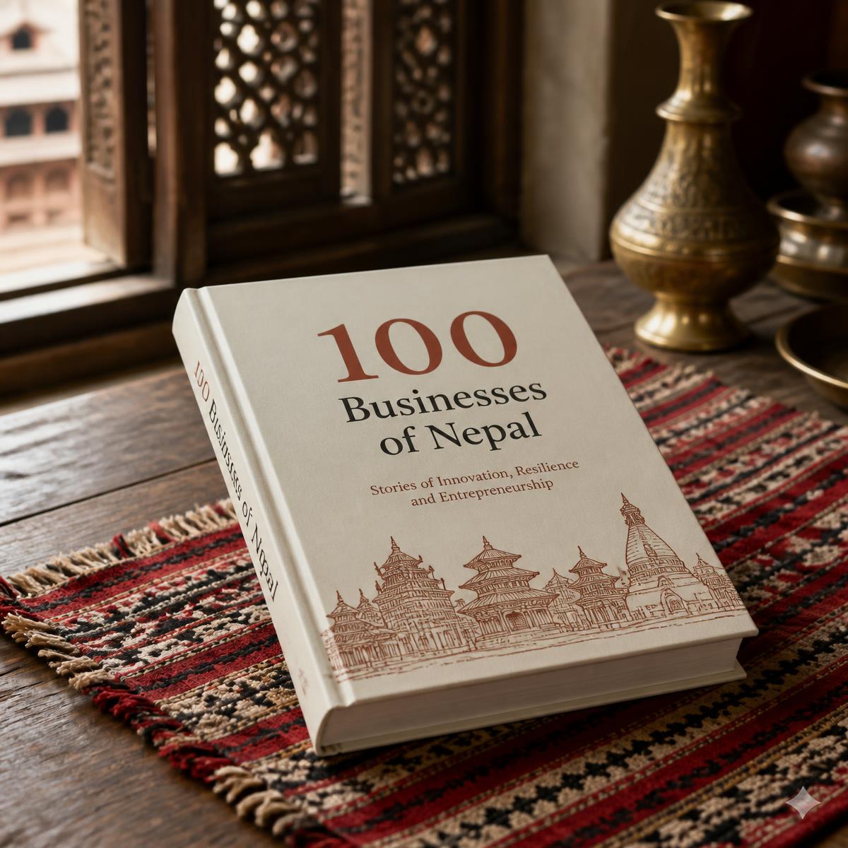 Hardcover edition of the 100 Businesses of Nepal book standing on a cream surface