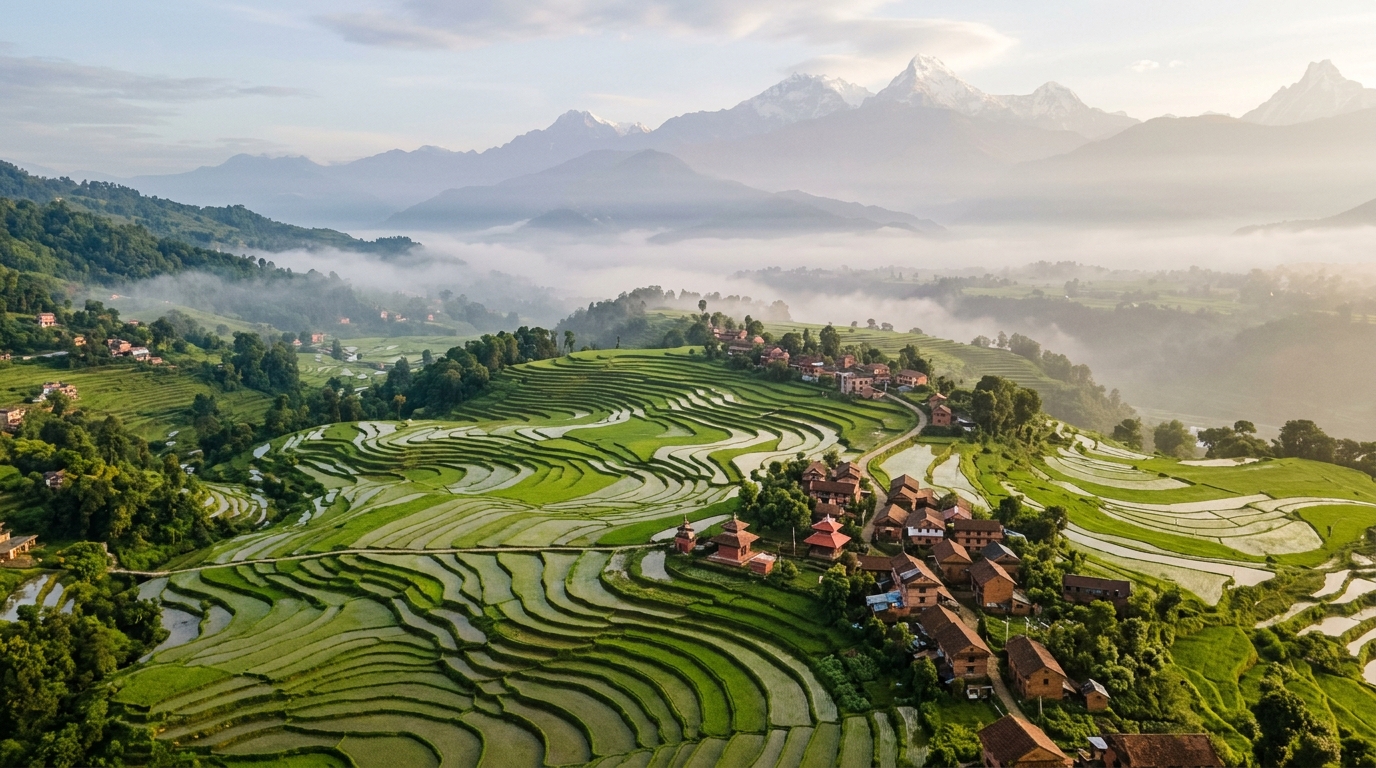 Aerial view of terraced rice paddies in Nepal's Kathmandu Valley with snow-capped peaks in the background