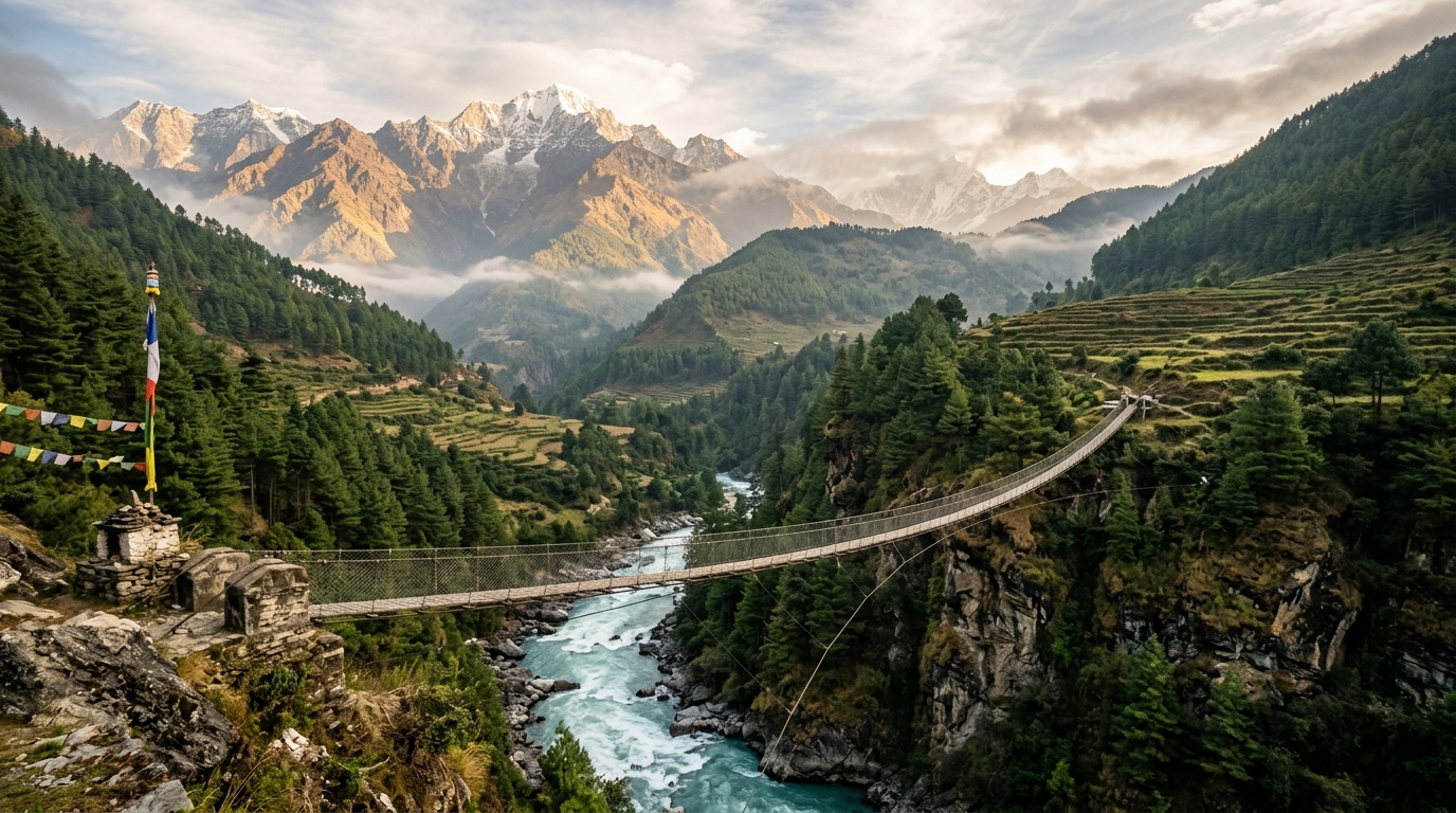 Rustic suspension bridge over a turquoise river in rural Nepal surrounded by pine forests and terraced hillsides