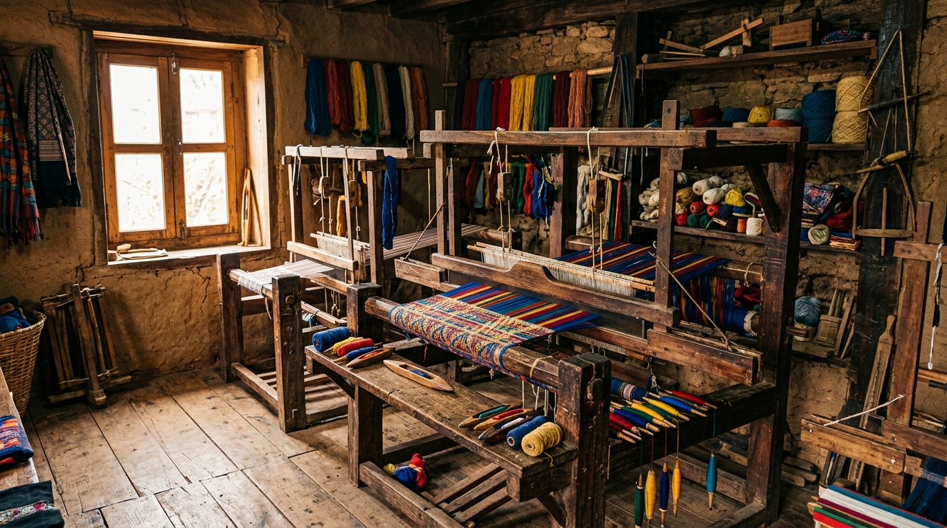 Traditional Nepalese handicraft looms with colorful threads in a rustic wooden workshop, warm afternoon light