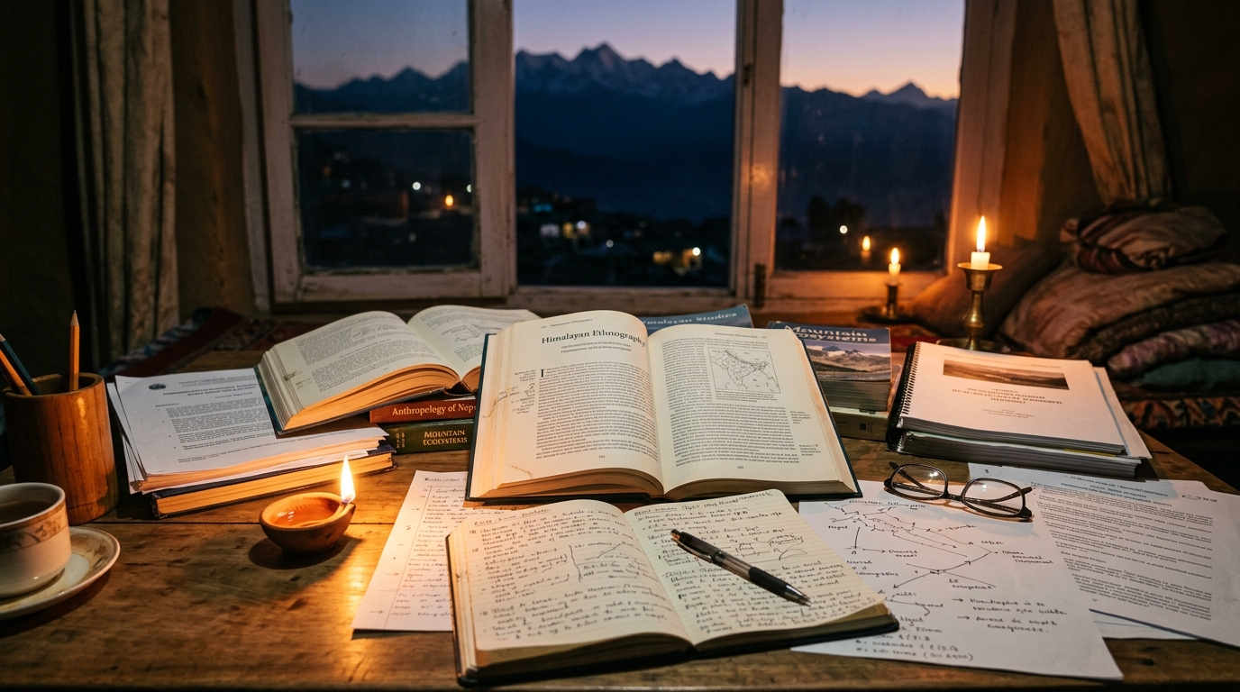 Research books and handwritten notes on a wooden desk lit by candlelight with Himalayan peaks visible through the window at dusk