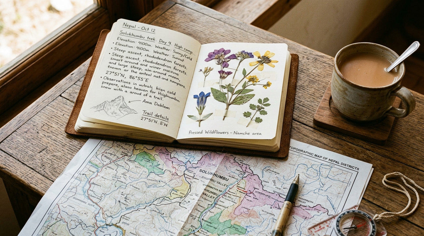 Field journal open on a wooden desk with a topographic map of Nepal, pressed wildflowers and a cup of chai